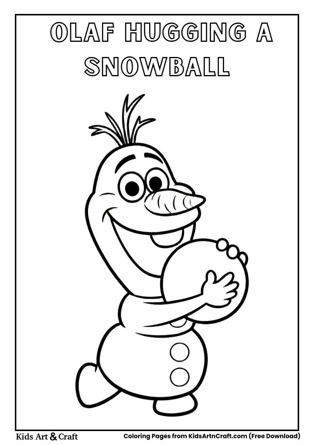 Olaf hugging a snowball simple black and white snowman coloring page