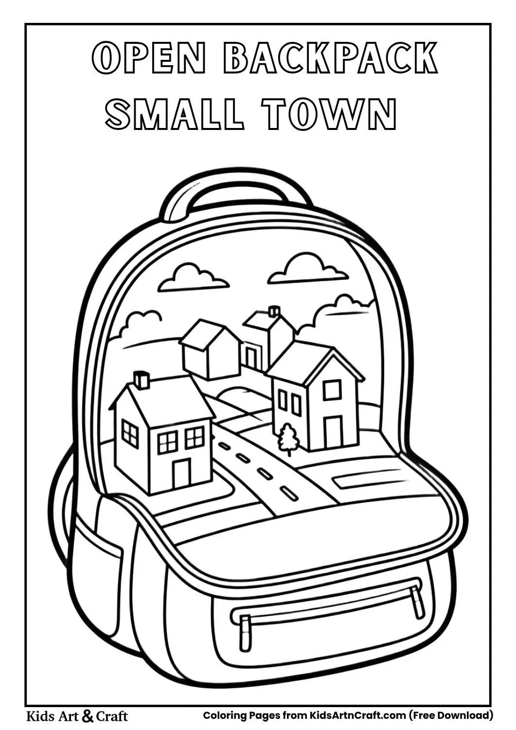 open backpack with small town inside easy coloring page