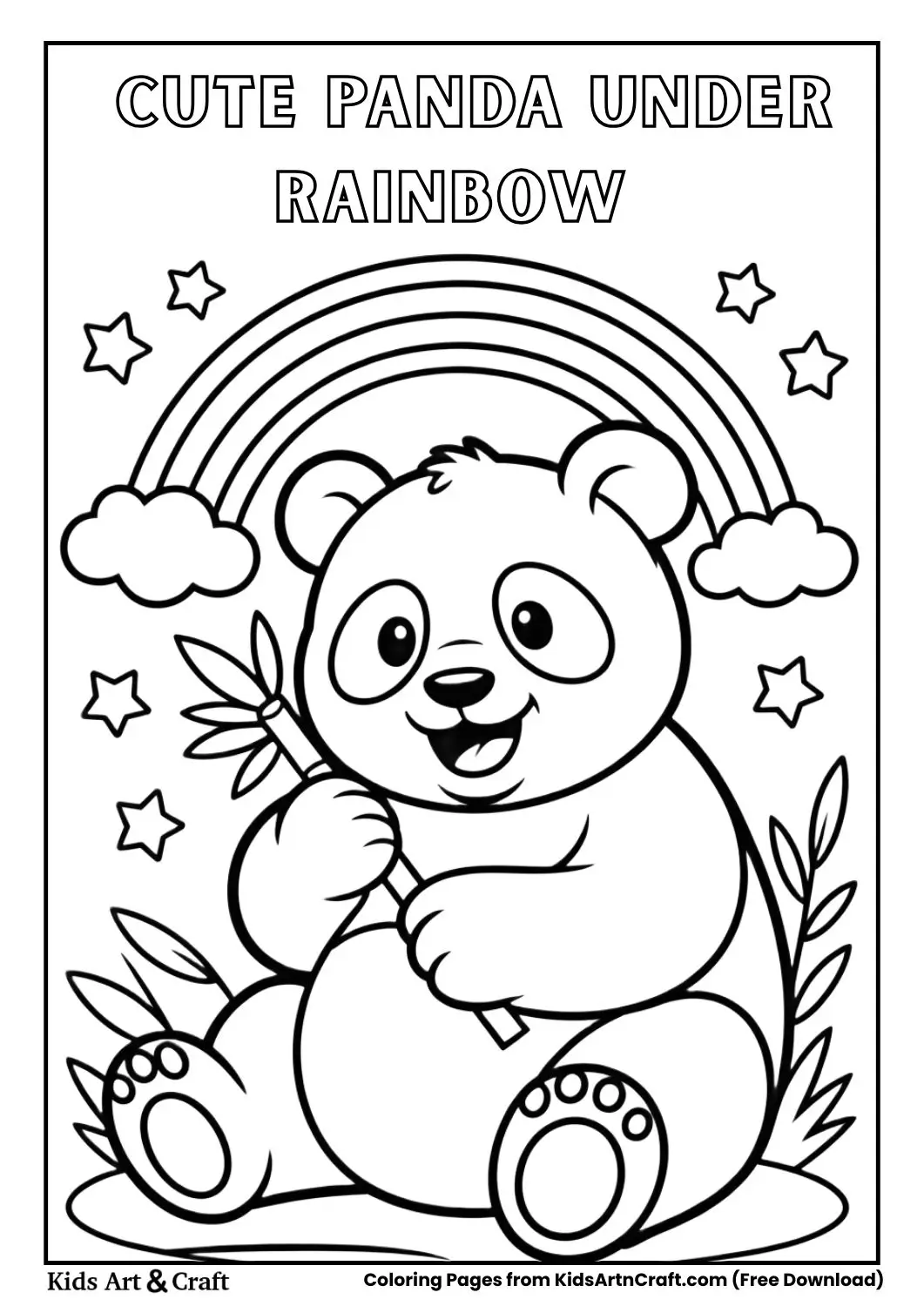 black and white coloring page of a panda eating bamboo under a rainbow