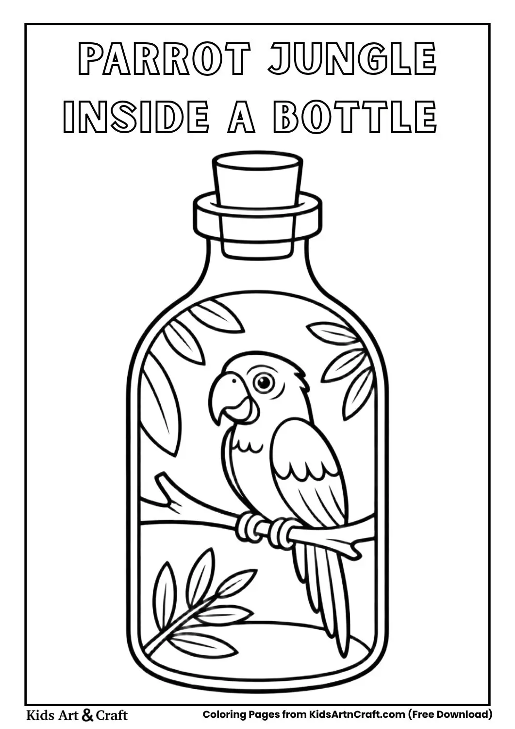parrot inside jungle bottle black and white coloring page for kids
