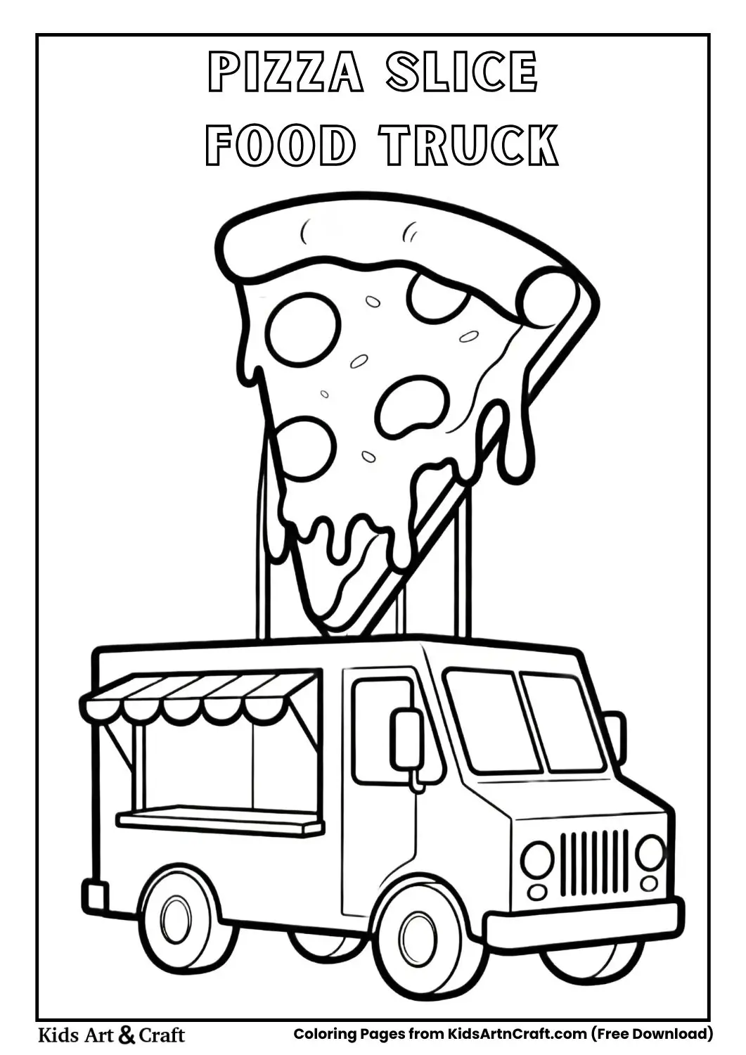 pizza food truck with giant pizza slice sign black and white coloring page