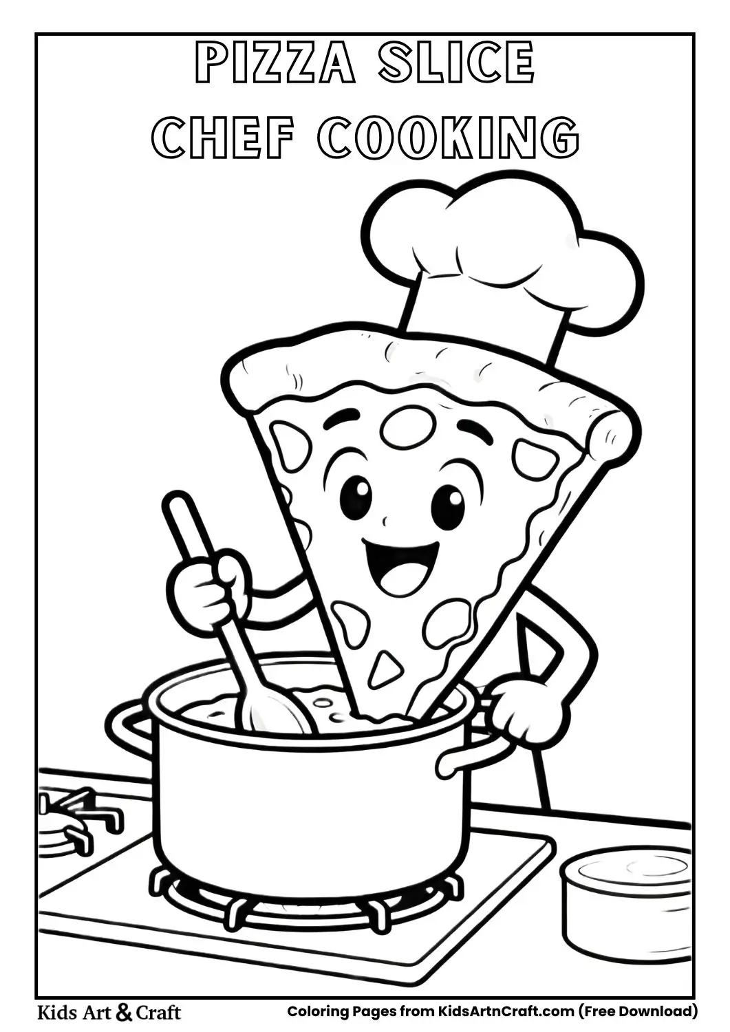 Pizza slice wearing chef hat cooking in kitchen coloring page