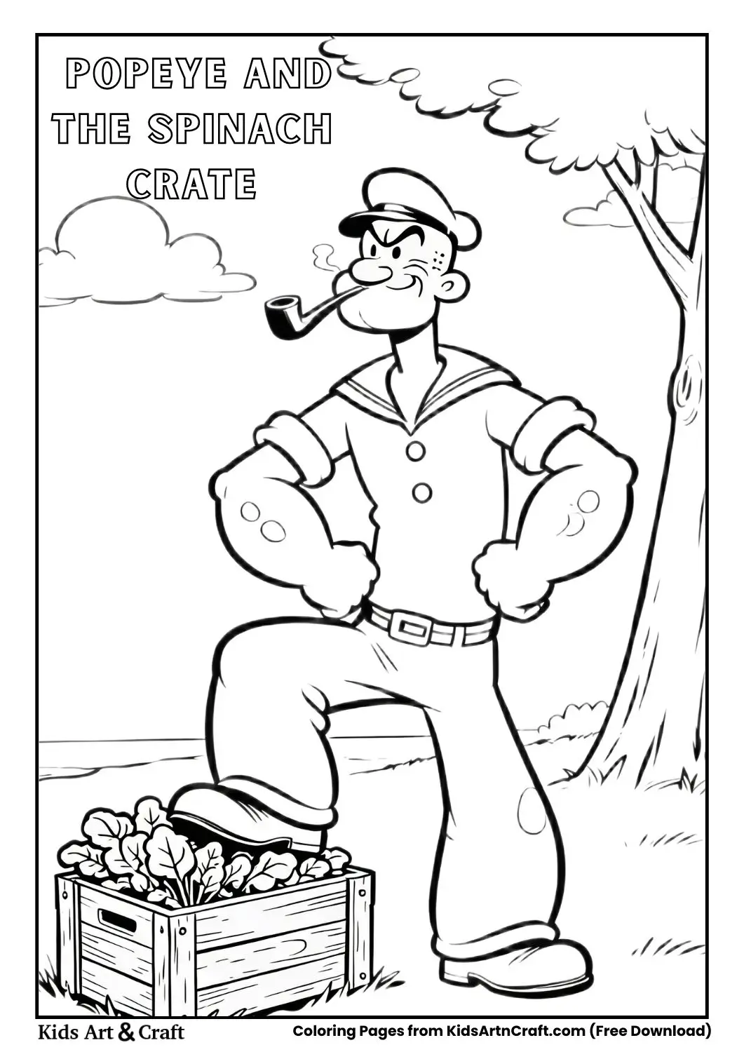 Popeye standing with one foot on a crate of spinach outdoors