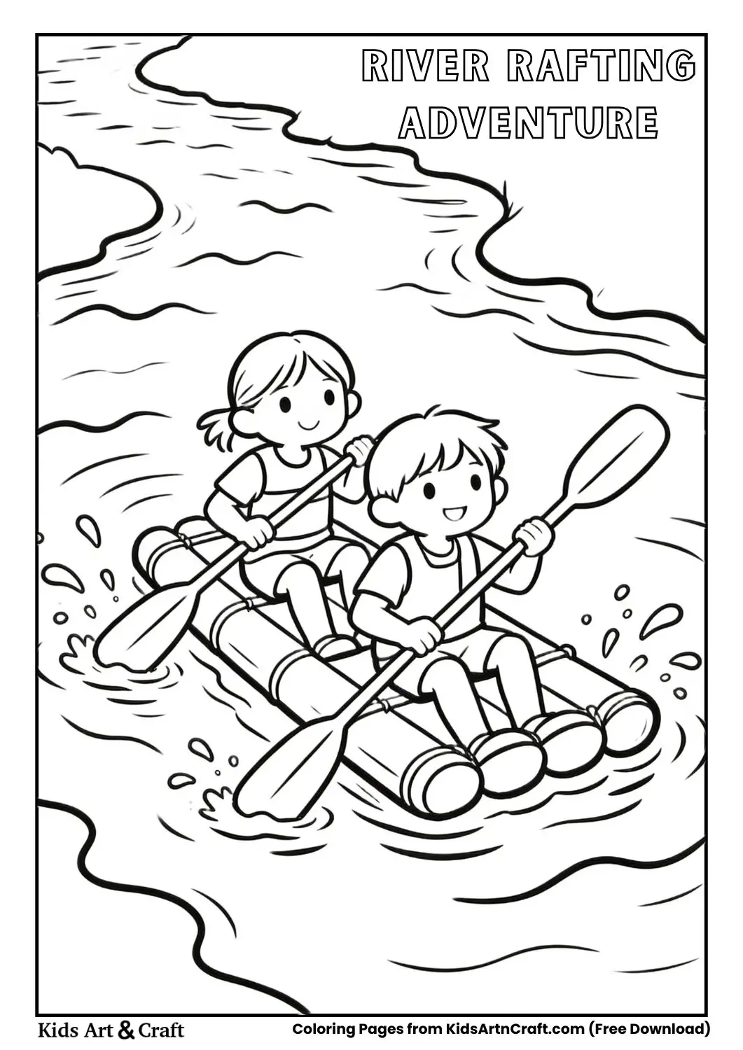 Kids rafting in river wearing life jackets black and white line art.