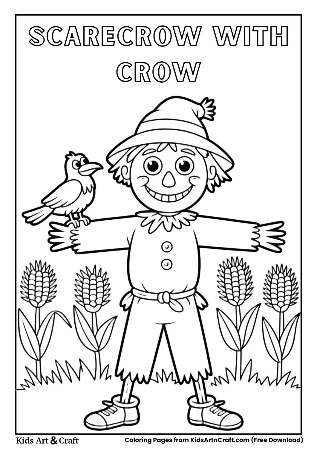 Friendly scarecrow with crow sitting on its arm coloring page