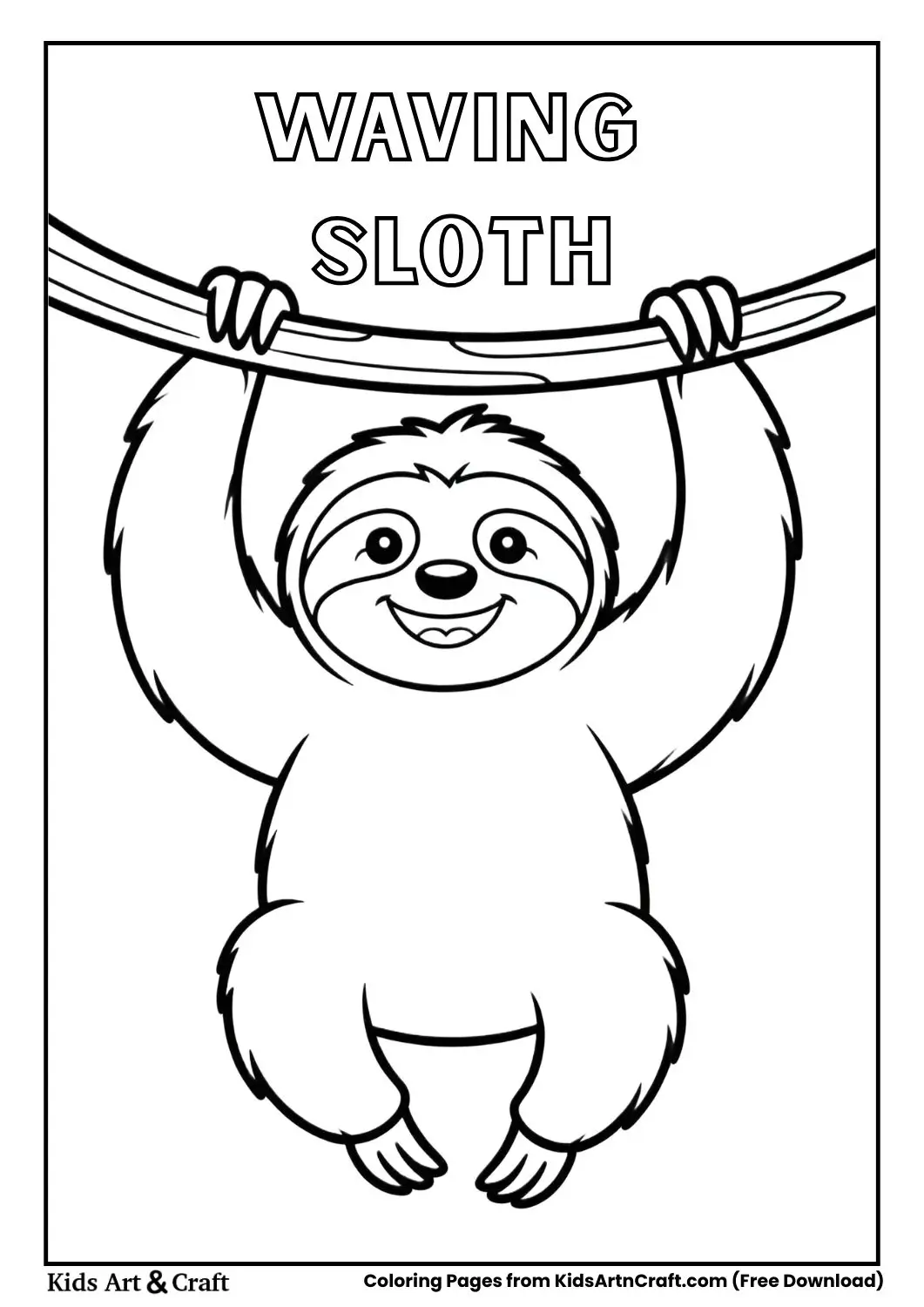 Sloth hanging upside down from a branch waving hello