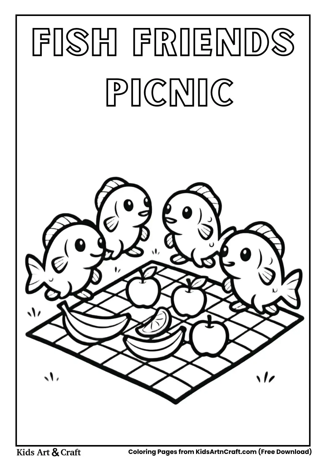 Small fish group picnic with fruits coloring page