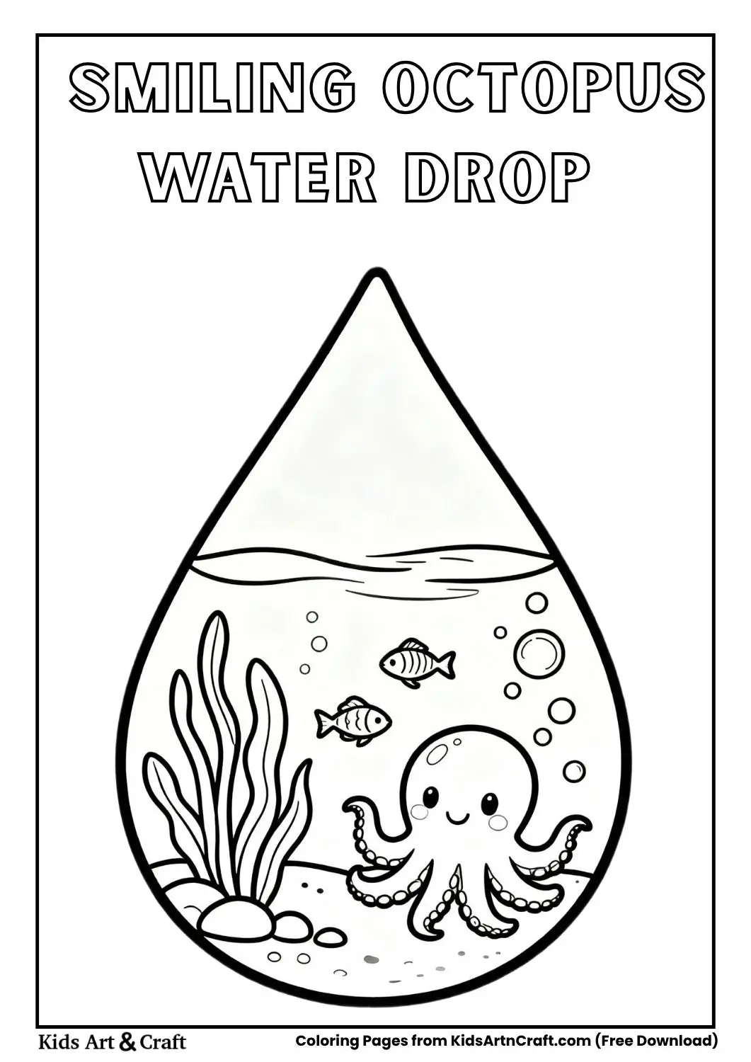 Smiling octopus inside a water droplet simple shapes coloring page