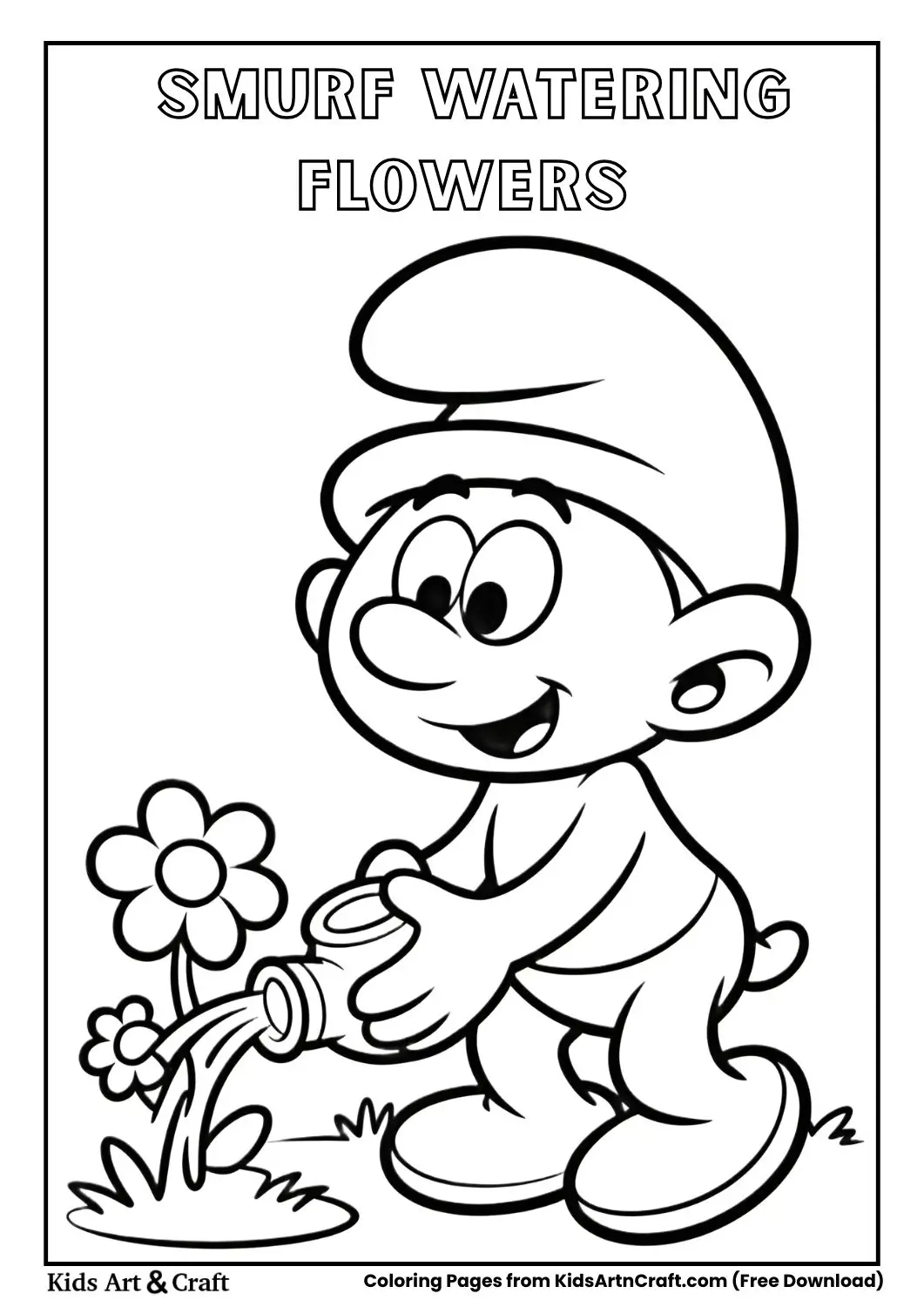 smurf watering flowers in garden black and white coloring page