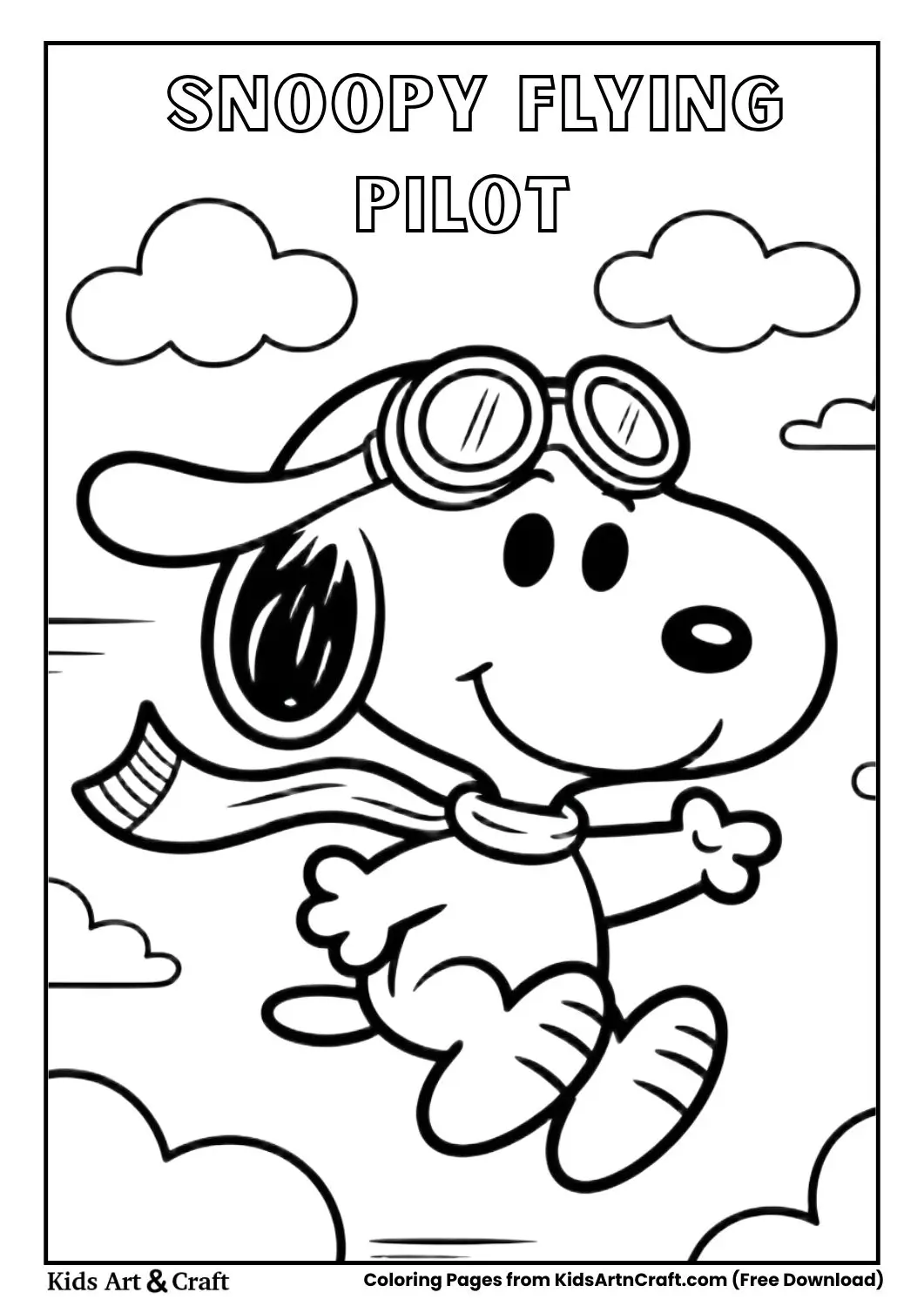 Snoopy pilot with goggles flying cartoon coloring page