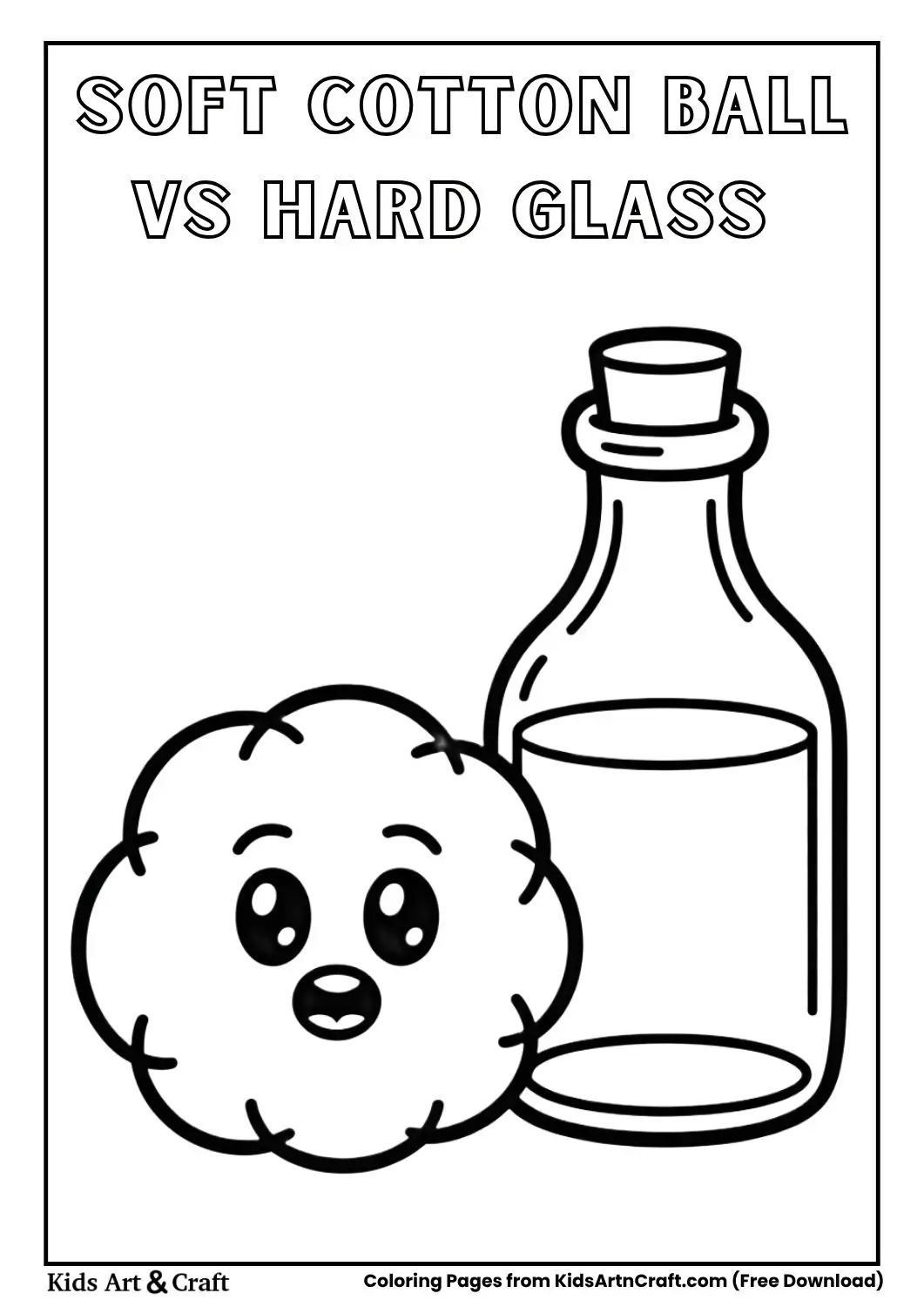 Soft cotton ball and hard glass bottle black and white coloring page for kids