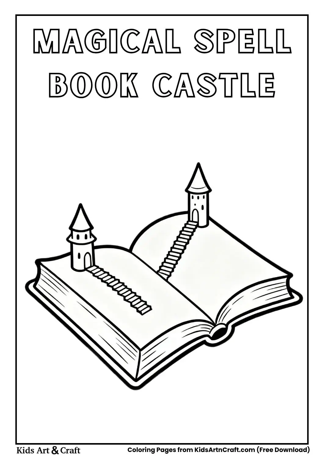 open spell book with castle coloring page for kids