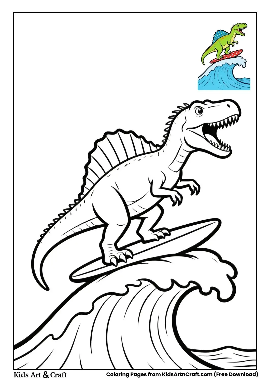 Black and white Spinosaurus surfing on a simple wave