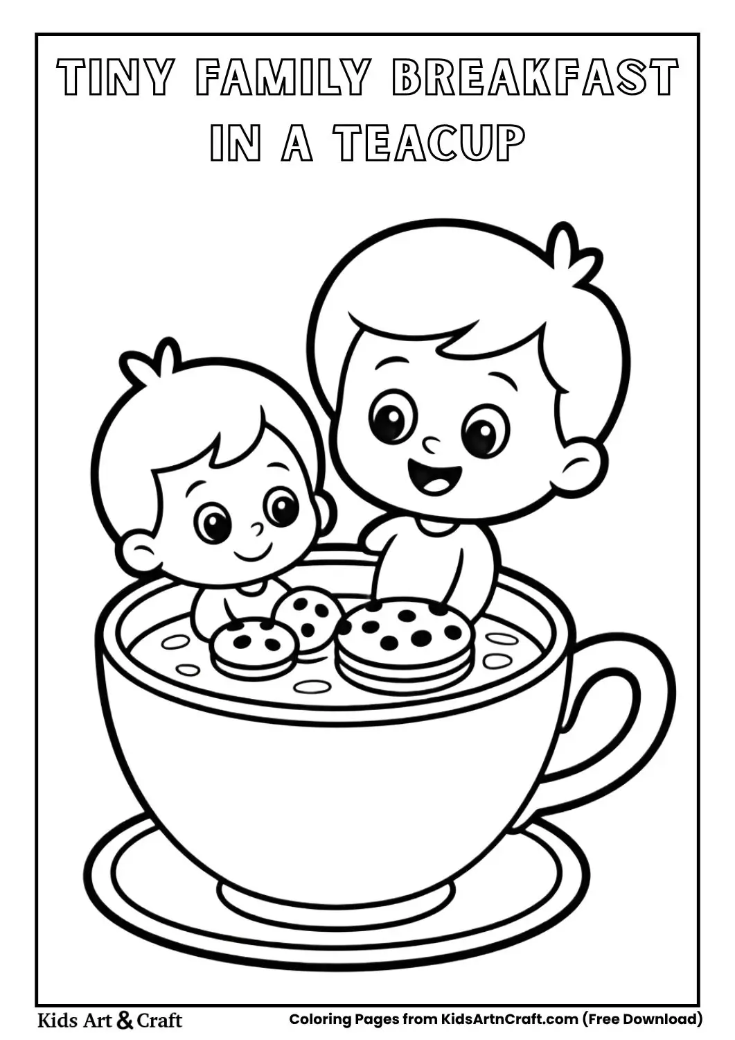 Tiny family having breakfast inside a teacup black and white kids coloring page