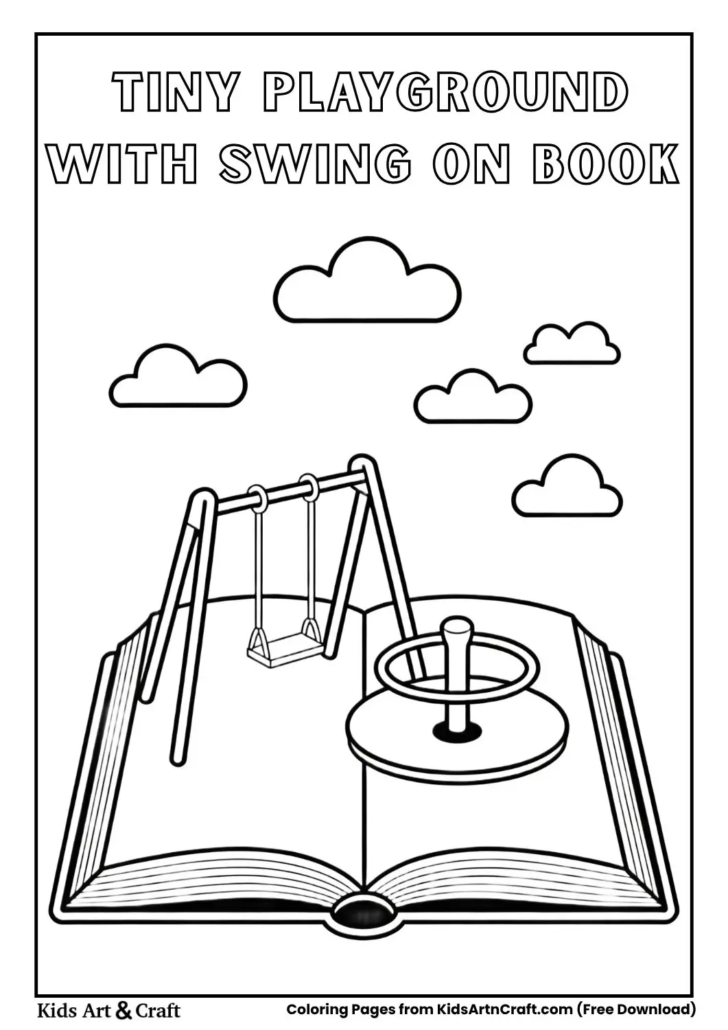 tiny playground on an open book with swing and roundabout black and white coloring page