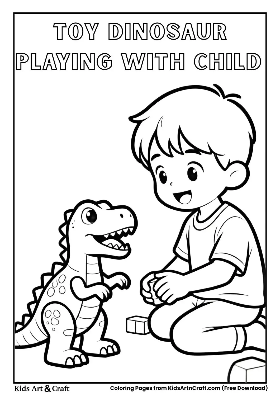  Toy dinosaur playing with a child cartoon coloring page black and white