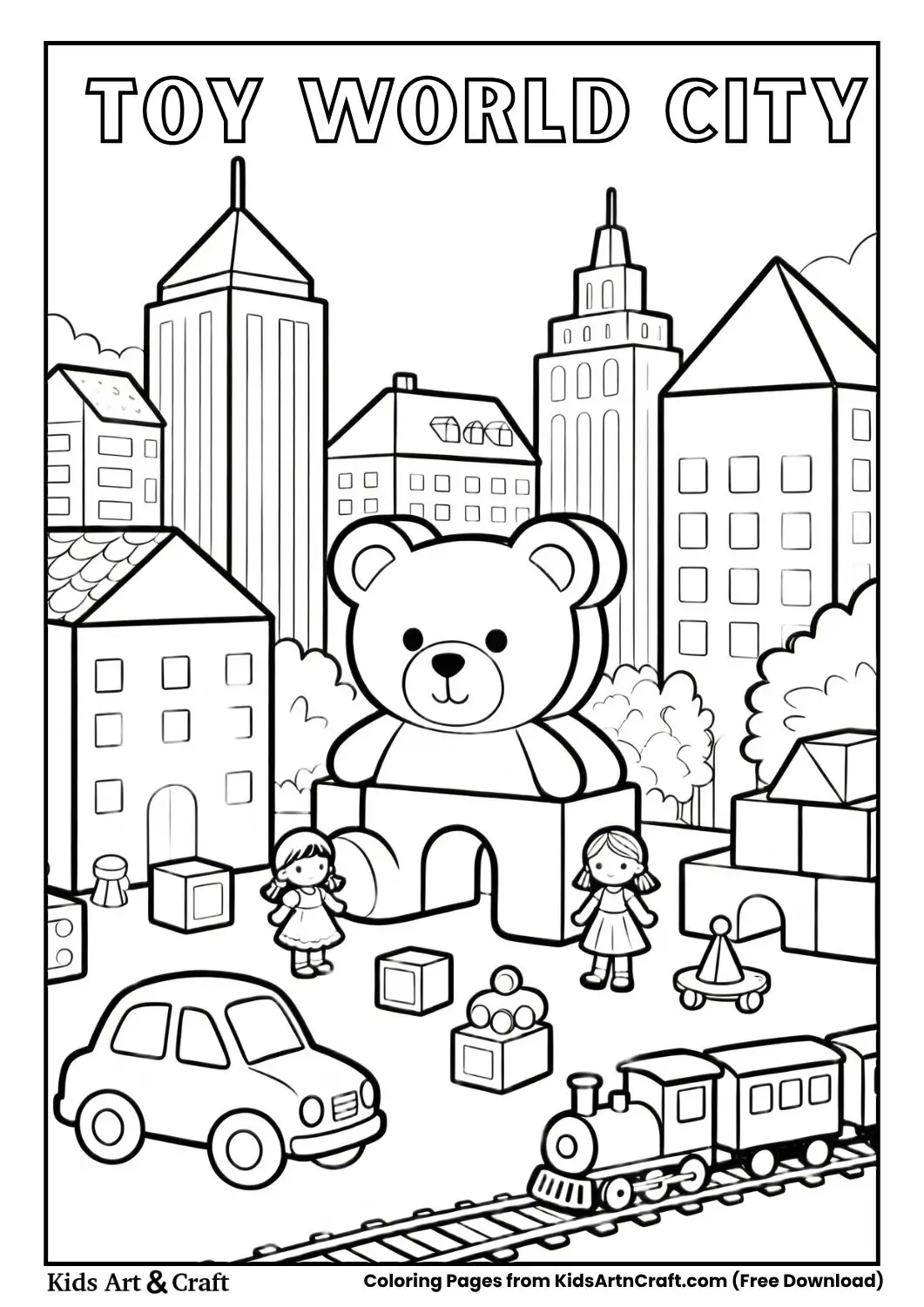 toy world city coloring page with toy cars teddy bears dolls and toy buildings