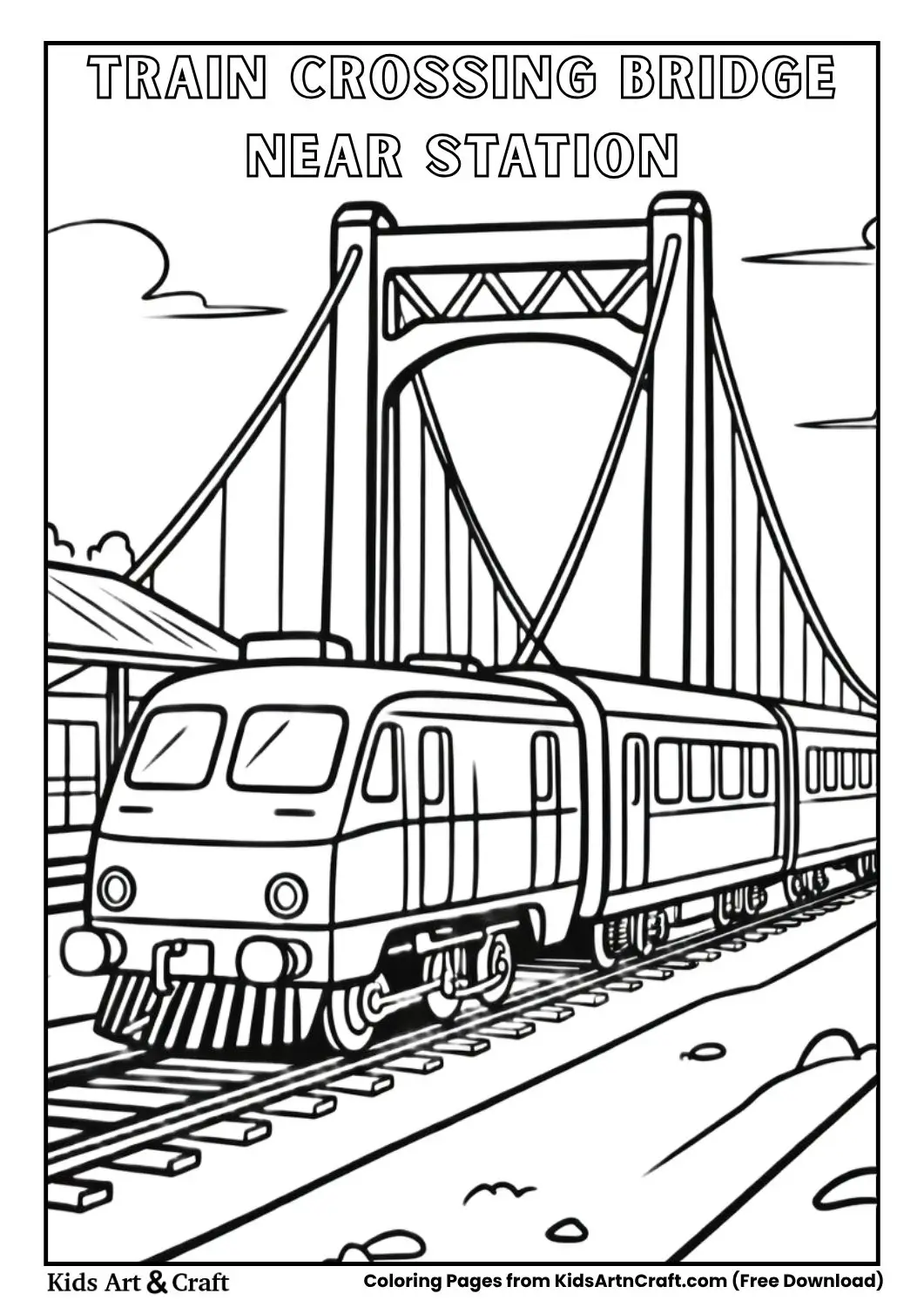 Train crossing bridge with station in background