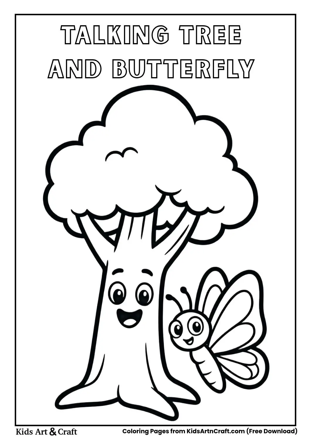 Smiling tree talking to a butterfly coloring page for children