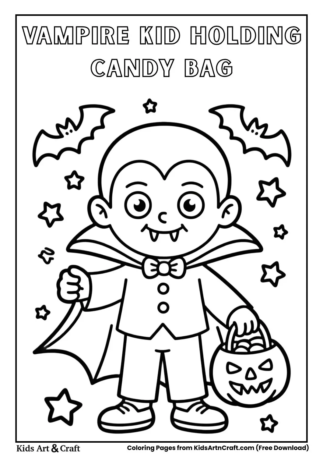 Cute vampire kid holding candy bag Halloween coloring page