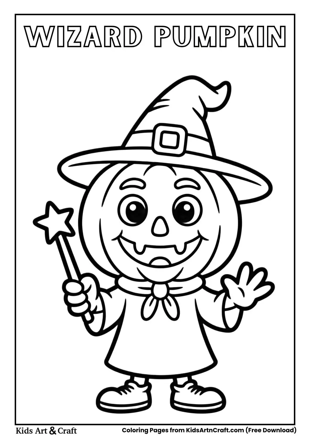 Pumpkin wearing wizard hat and holding magic wand coloring page