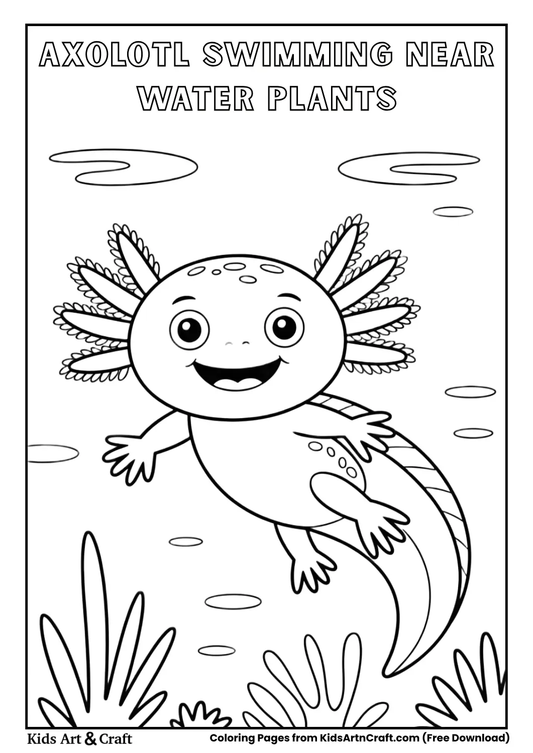 Axolotl swimming near simple underwater plants coloring page for kids