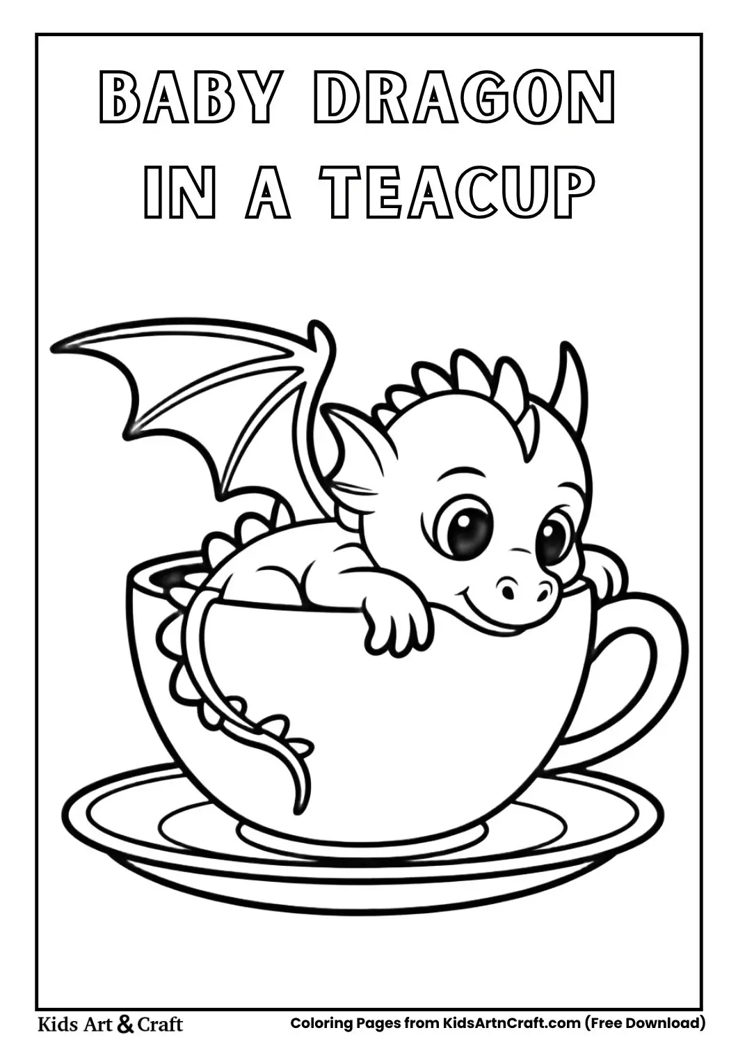 Tiny baby dragon sleeping inside a teacup coloring page