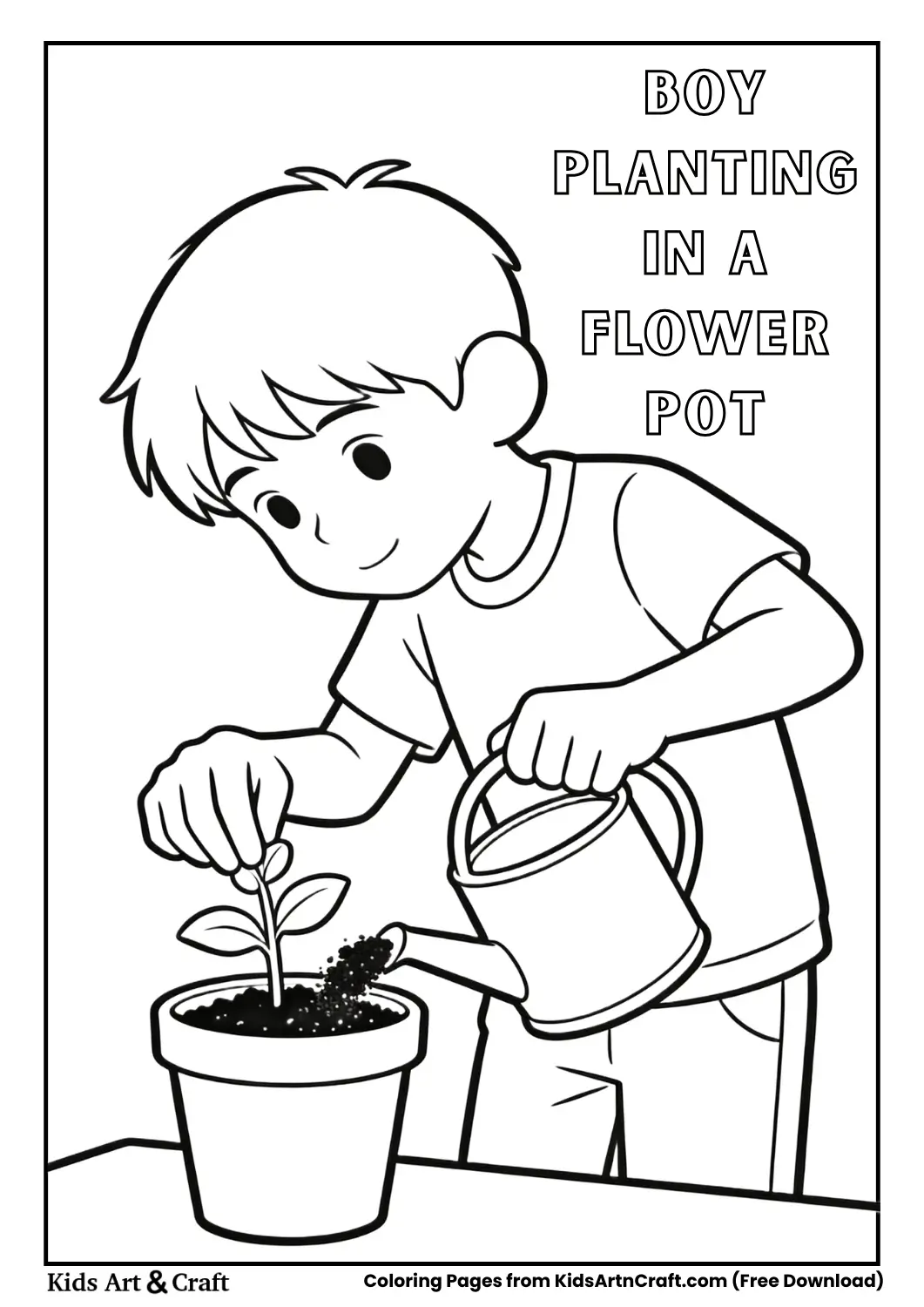 Boy filling a pot with soil and planting a small plant