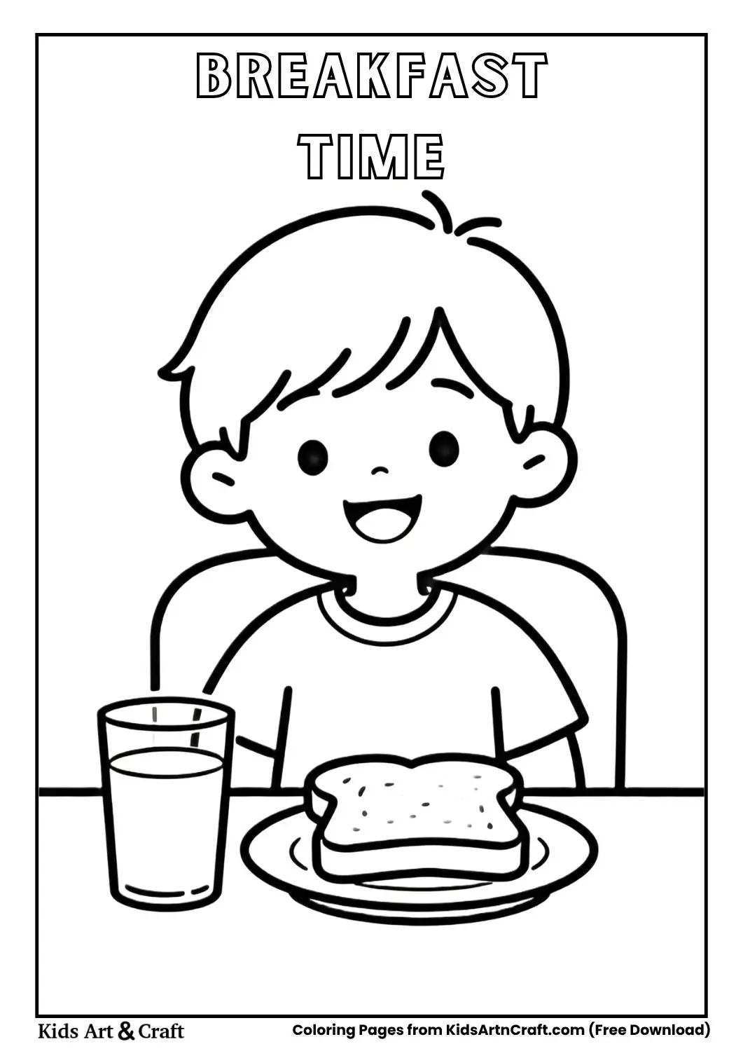 child eating breakfast at table simple black and white coloring page for kids