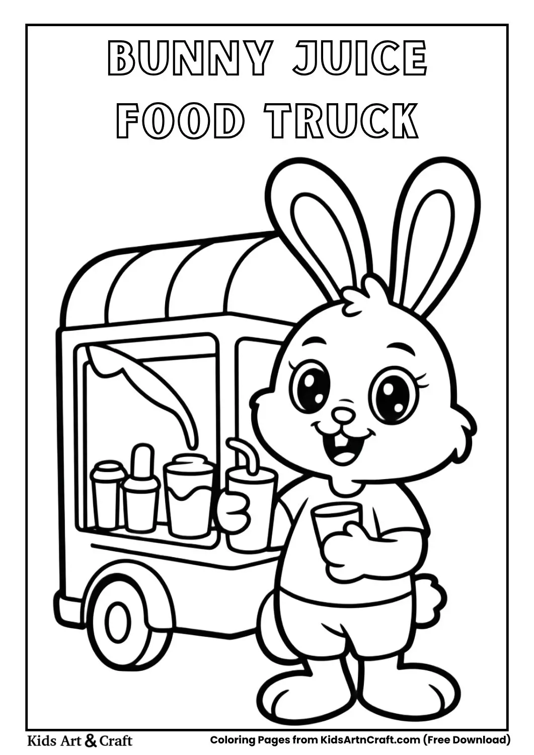 cute bunny selling carrot juice from food truck black and white coloring page