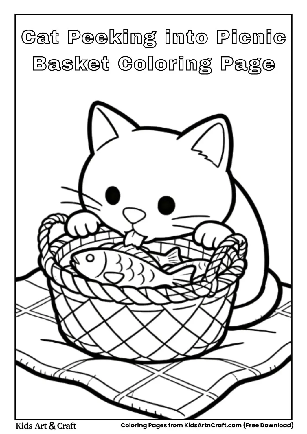 Smiling cat looking into a picnic basket with fish inside, black and white coloring page