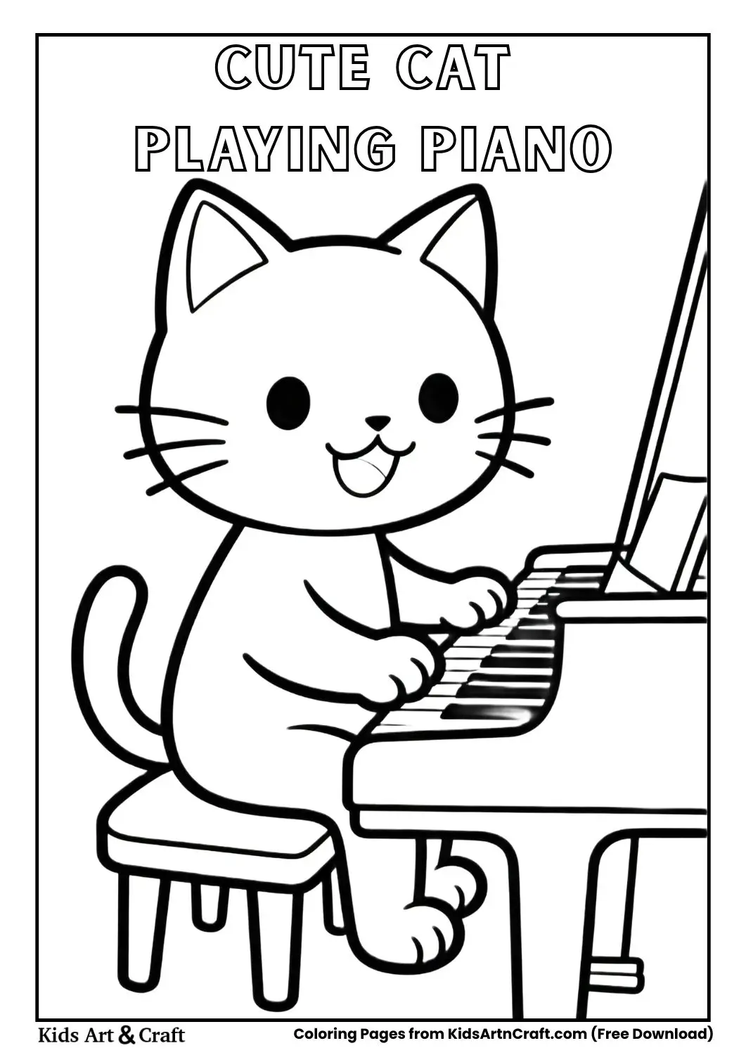 Black and white coloring page of a cat sitting at a piano and playing keys.
