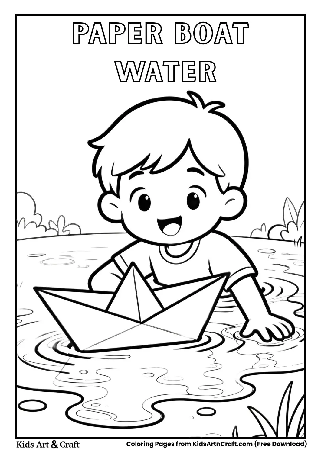 child floating a paper boat in water coloring page black and white