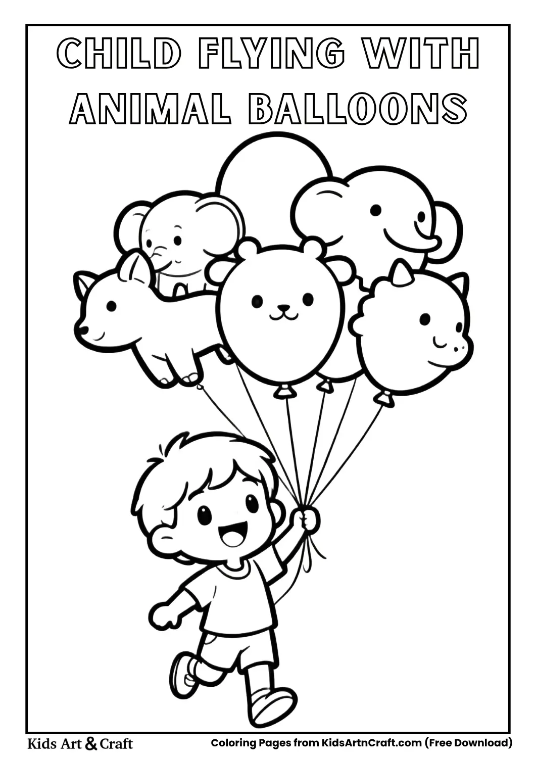 child flying with animal shaped balloons simple black and white coloring page for children