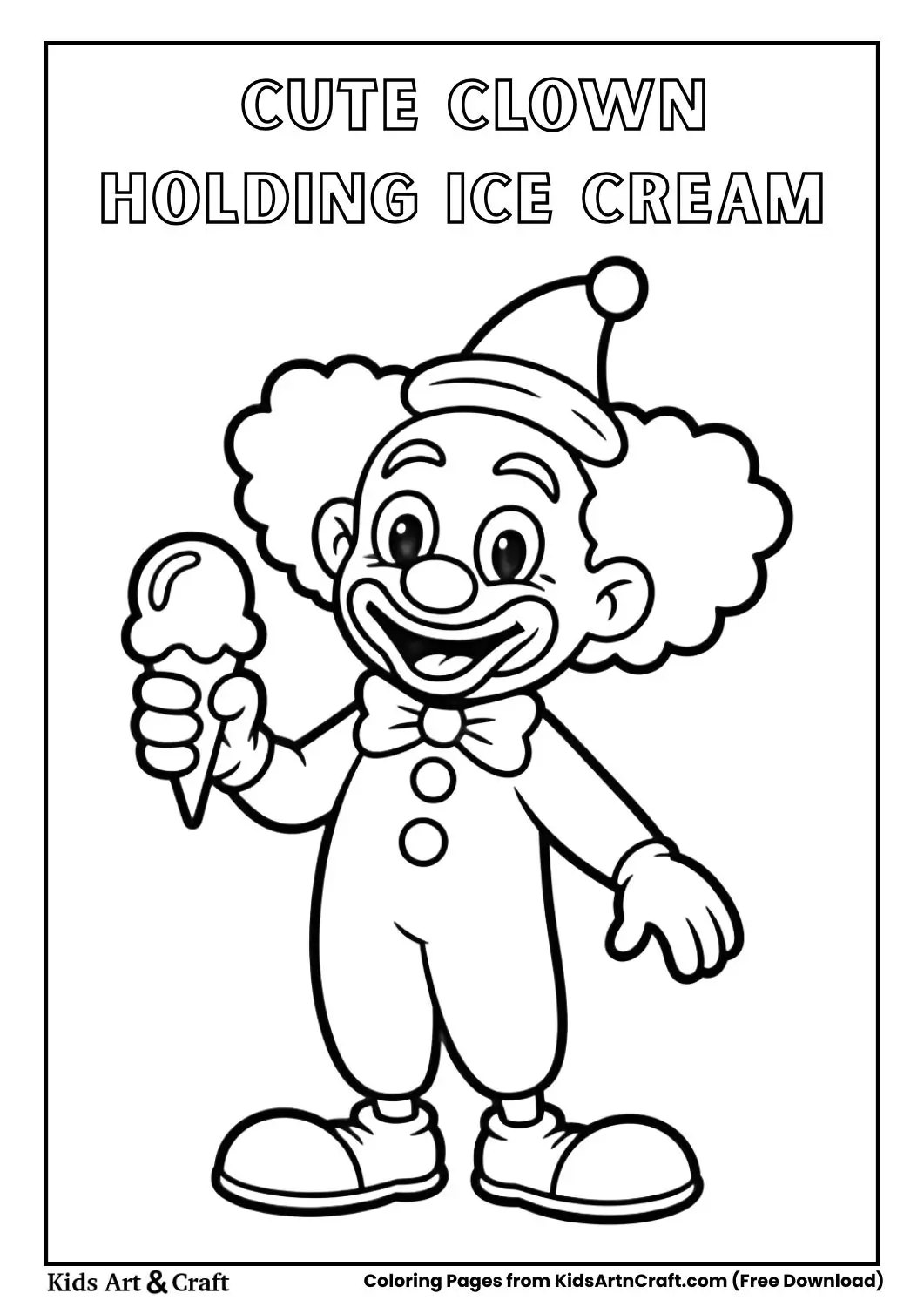 Black and white coloring page of a clown holding a large ice cream cone.