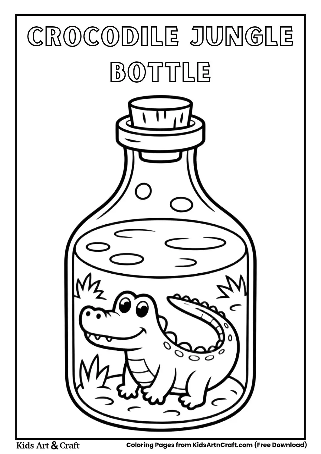 crocodile jungle inside bottle coloring page black and white for children