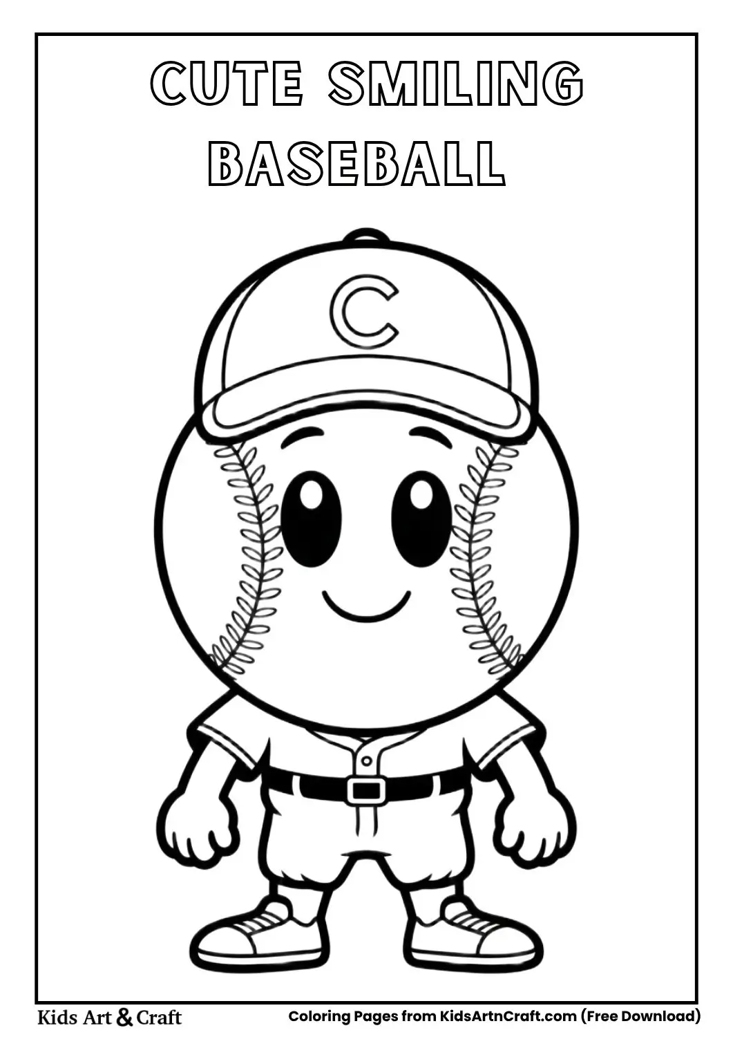 cute smiling cartoon baseball with big eyes black and white coloring page