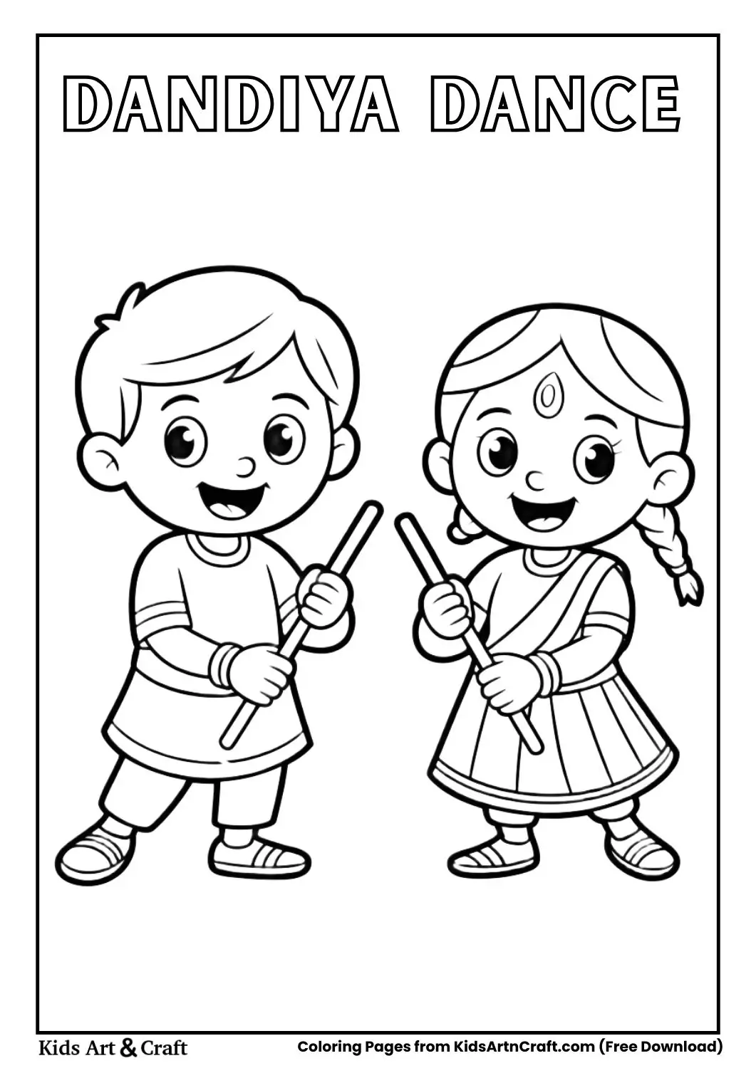 Boy and girl playing Dandiya sticks coloring page