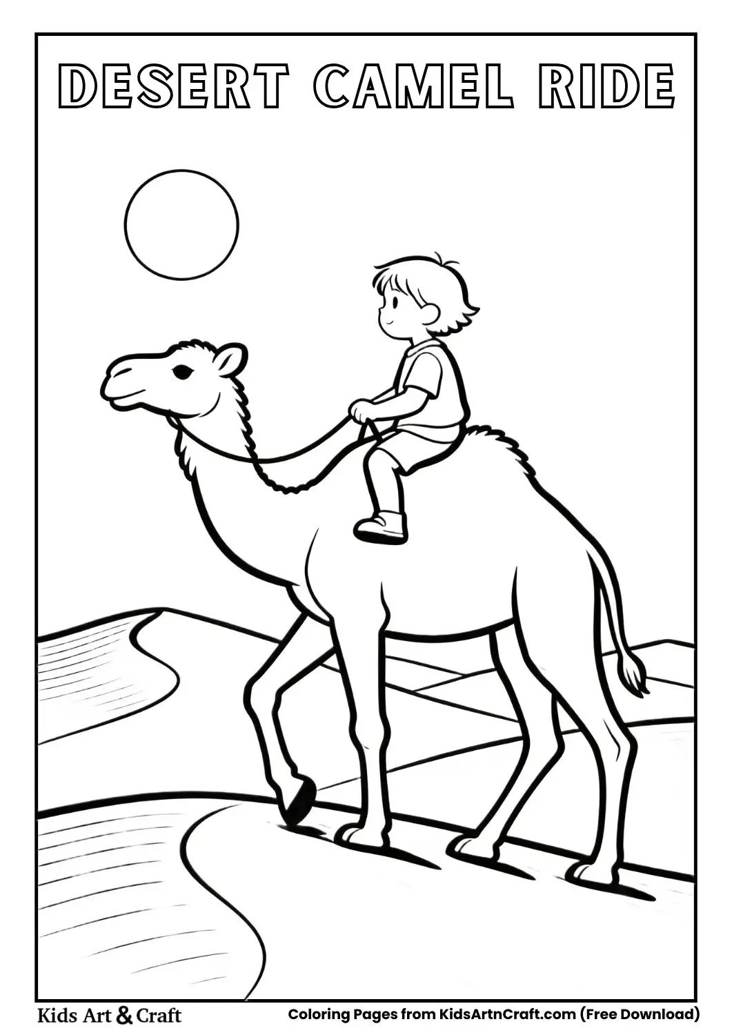 Child riding camel on sand dunes simple black and white drawing.