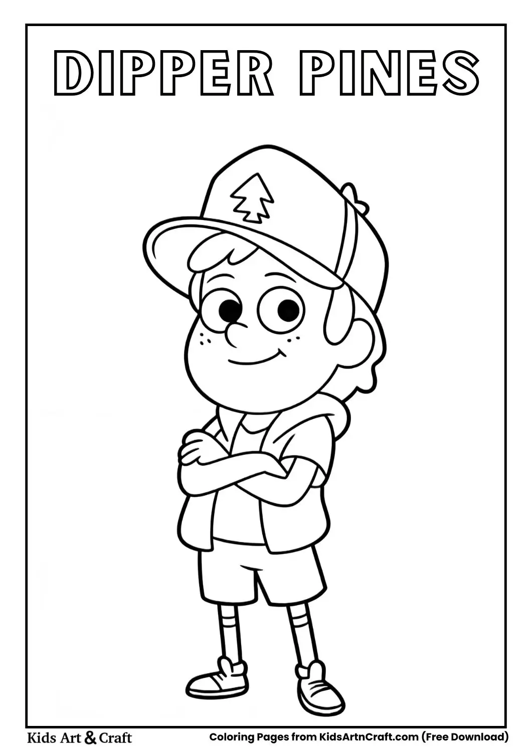 Dipper Pines standing confidently with arms crossed in simple line art