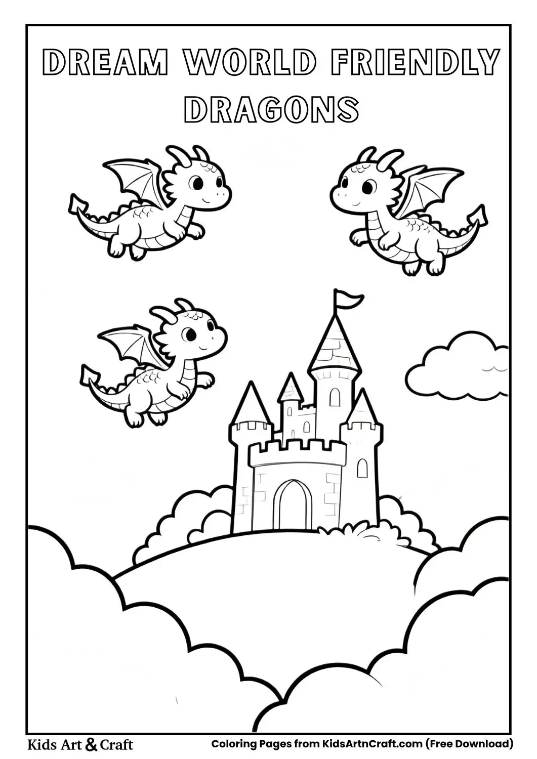 Friendly dragons flying in a dream world with clouds and a small castle in black and white line art