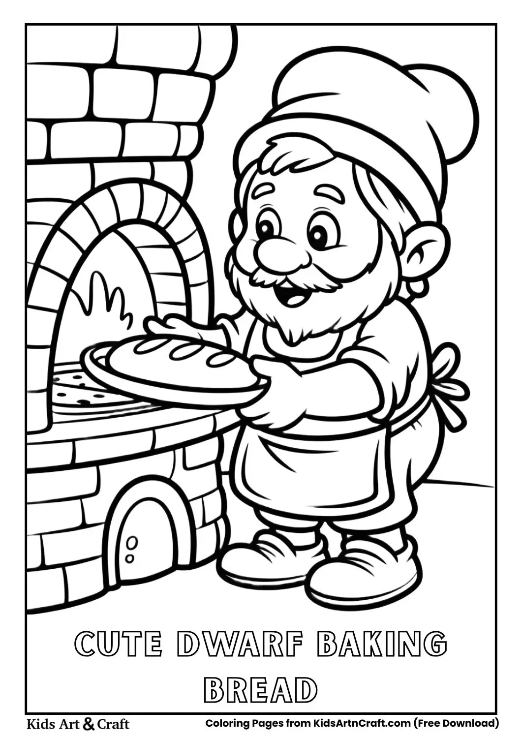 Friendly dwarf baking bread in a stone oven simple line art coloring page
