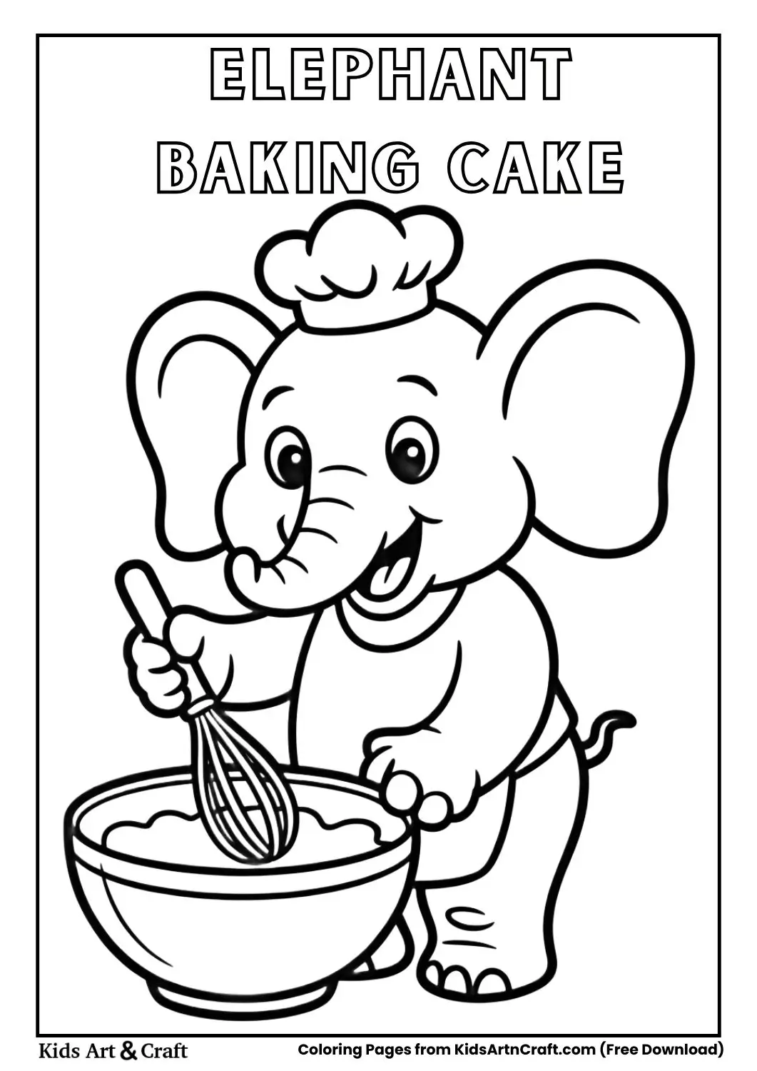 black and white coloring page of an elephant chef mixing cake batter