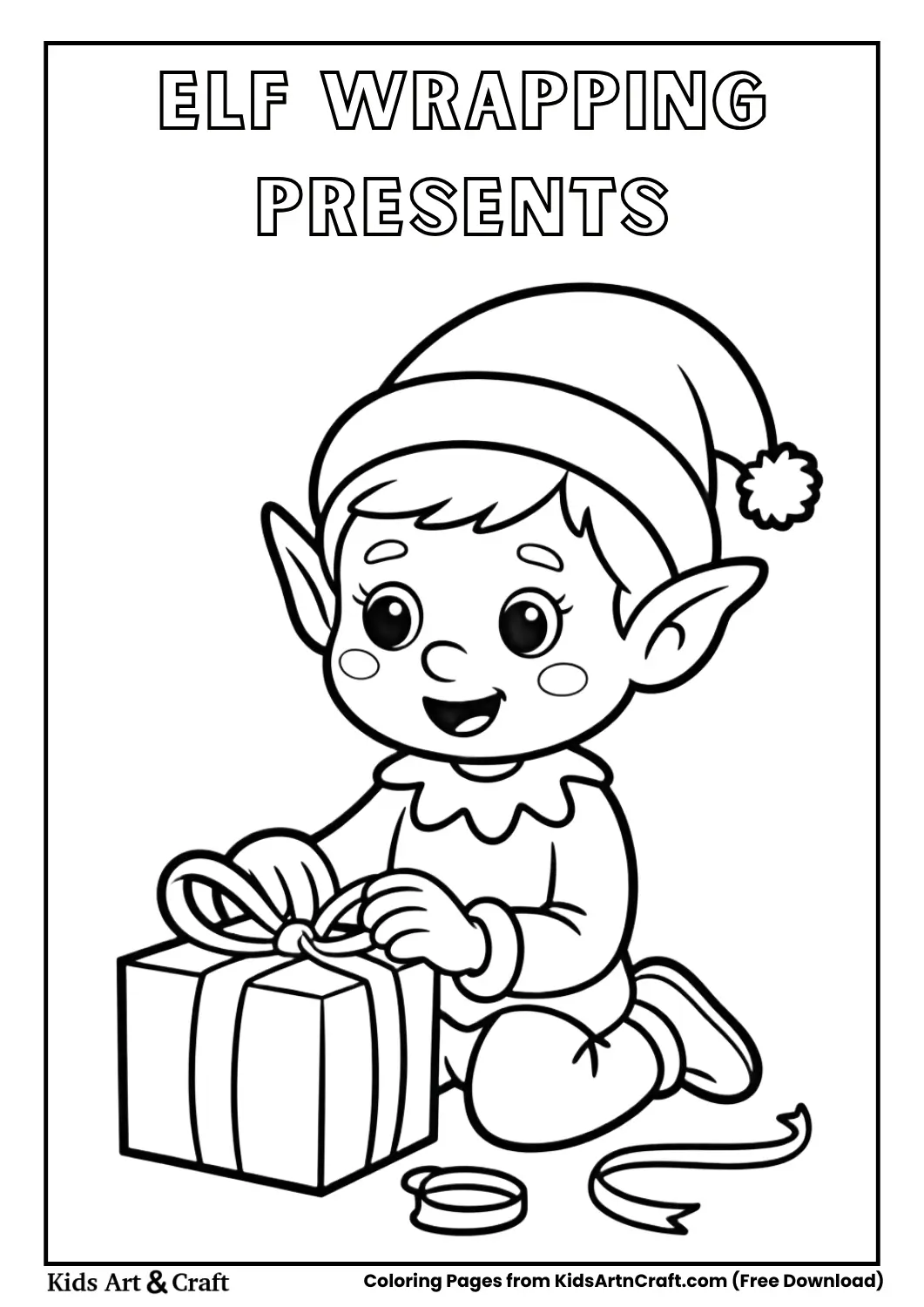 Elf wrapping Christmas presents coloring page for kids