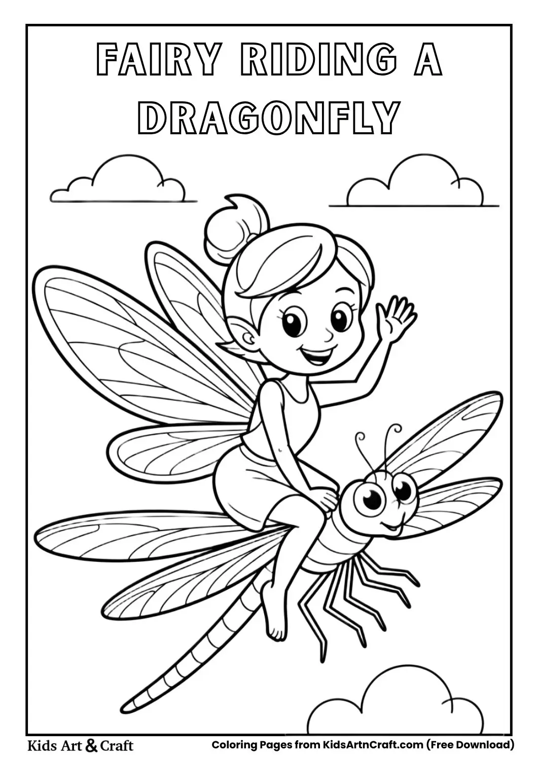 Fairy riding a dragonfly coloring page for kids