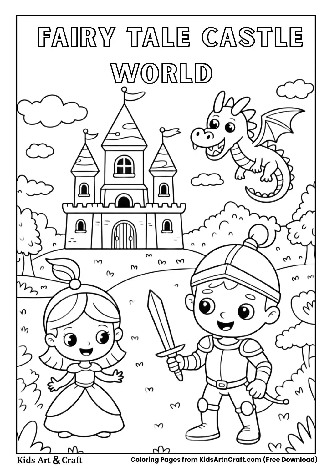 fairy tale castle world coloring page with princess castle dragon and magical forest