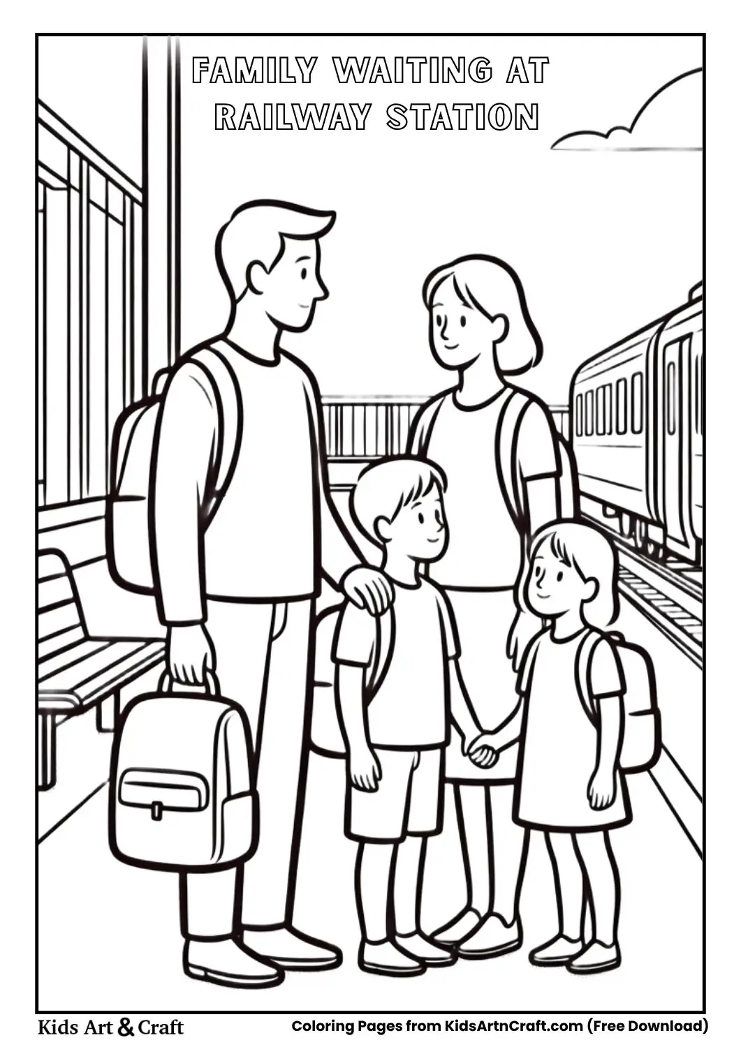 Family with tickets and backpacks waiting at platform