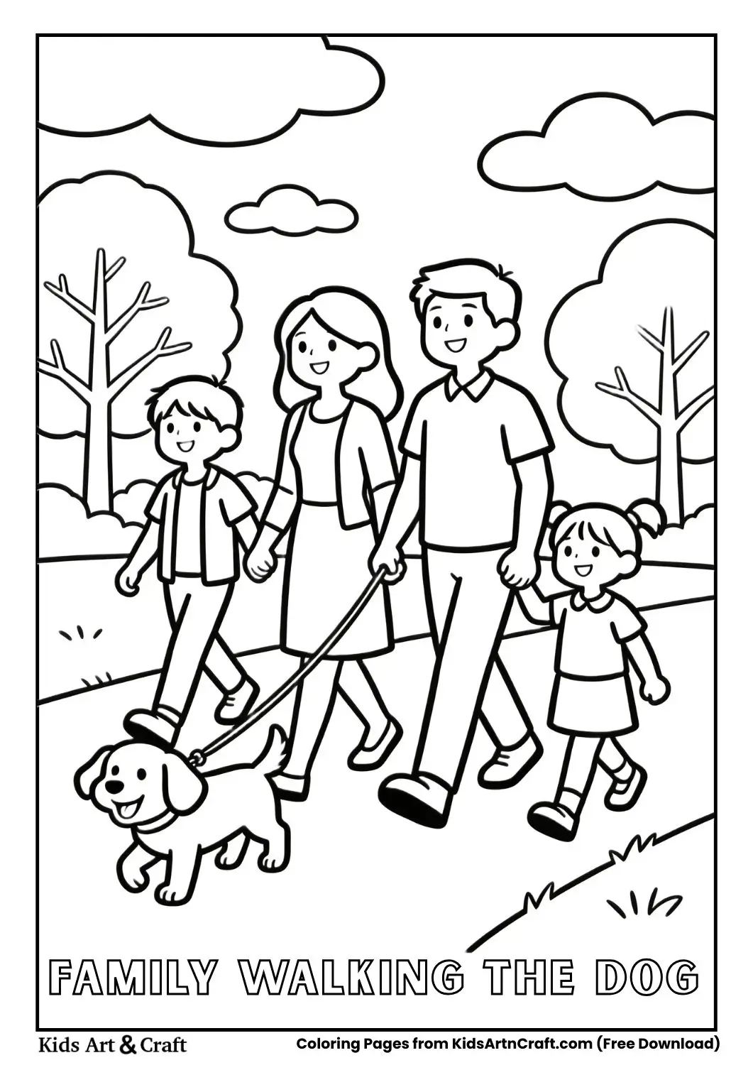 Family walking dog in park coloring sheet