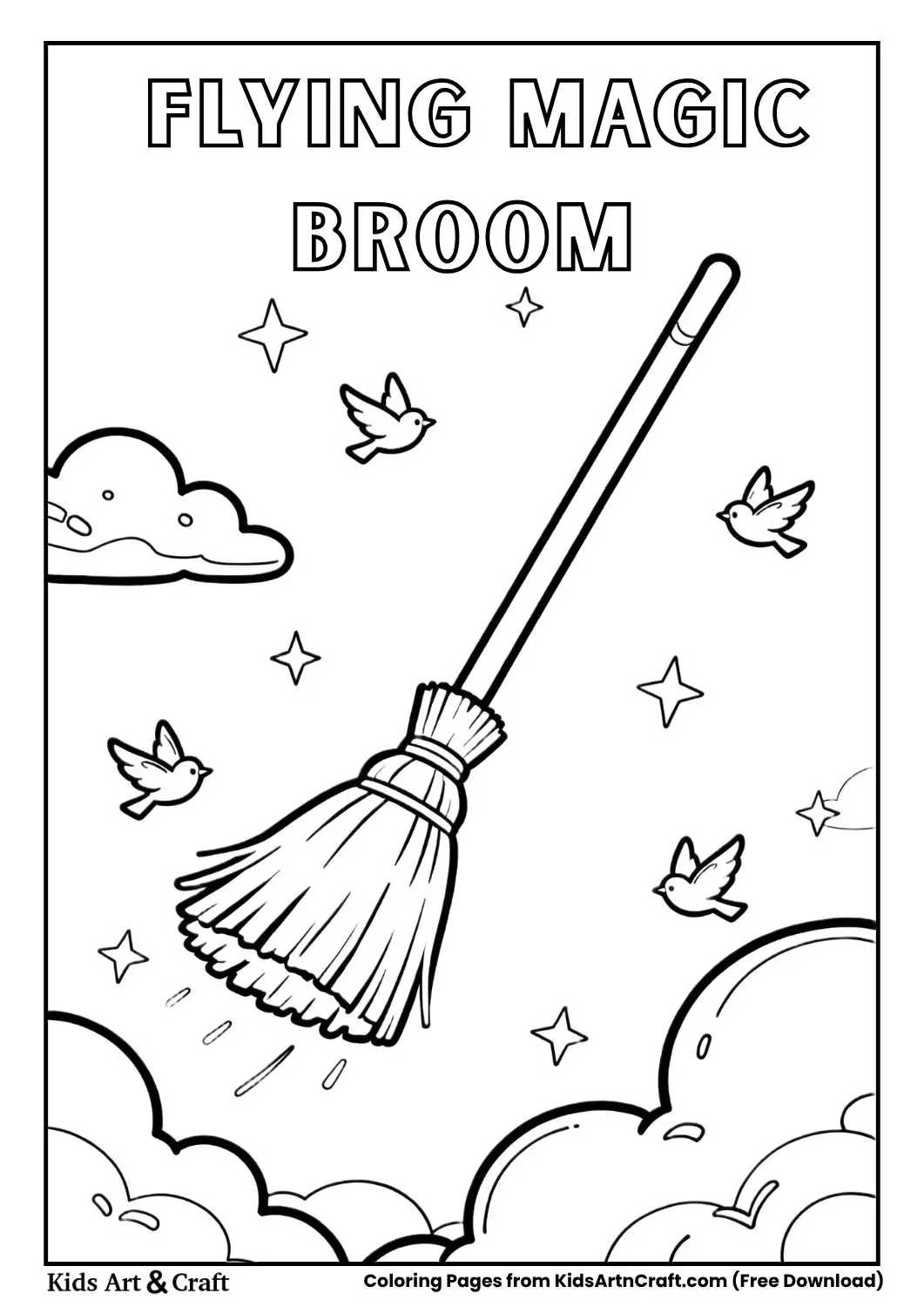simple flying broom with clouds coloring page for kids
