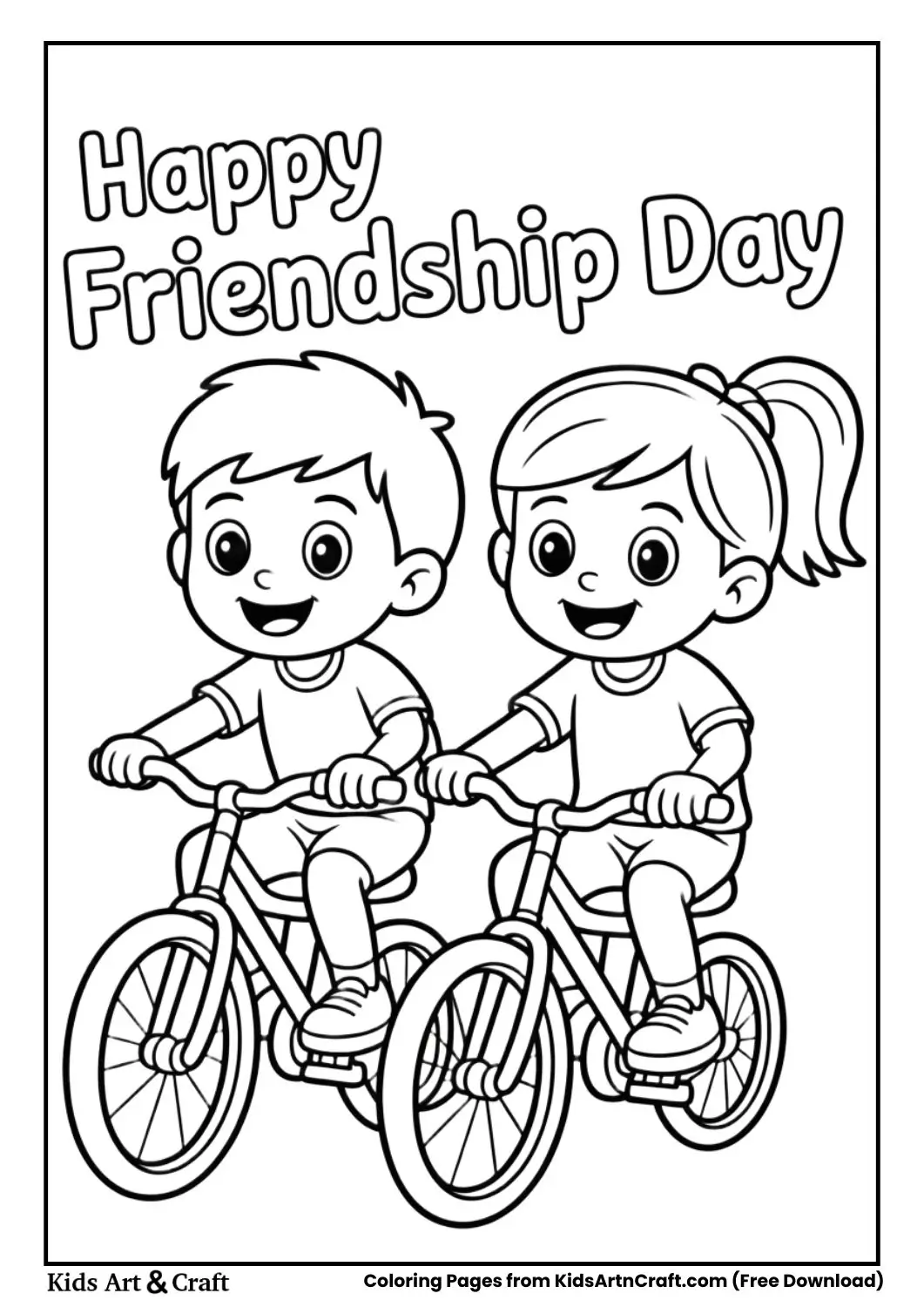 kids riding bicycle together friendship day coloring page